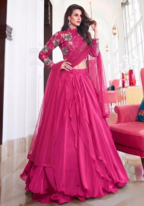 Rani Pink Printed Organza Lehenga Set