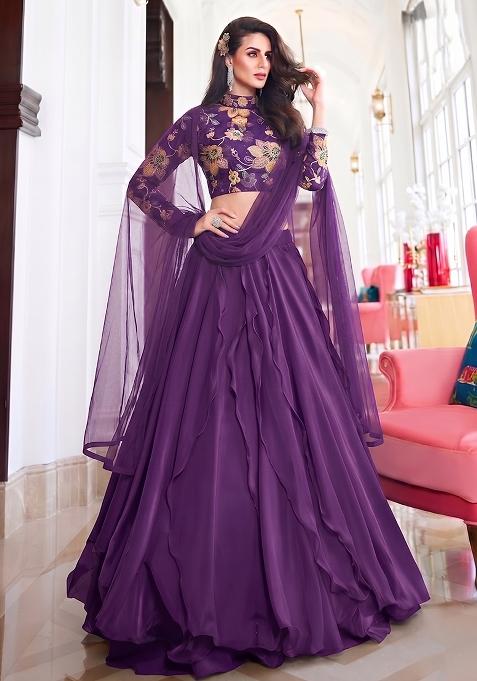 Deep Purple Printed Organza Lehenga Set