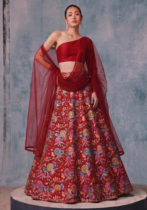 Crimson Red Printed Crepe Lehenga Set