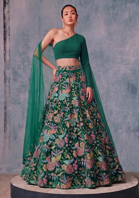 Emerald Green Printed Crepe Lehenga Set