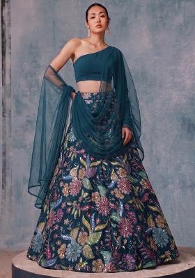 Teal Blue Printed Crepe Lehenga Set