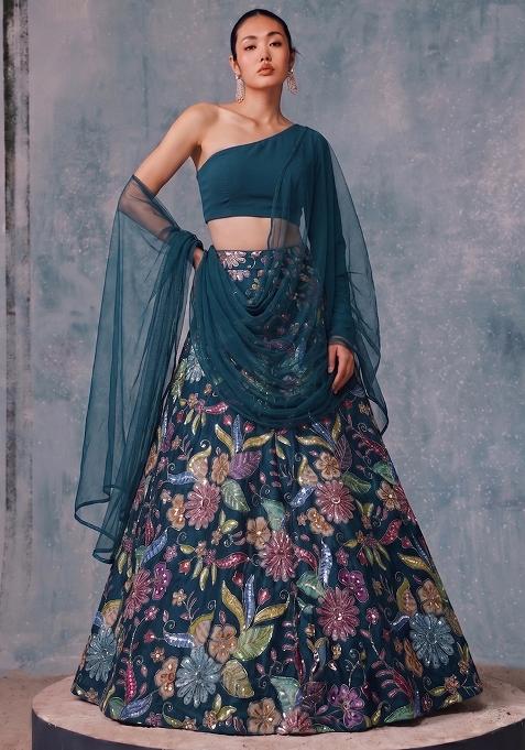 Teal Blue Printed Crepe Lehenga Set