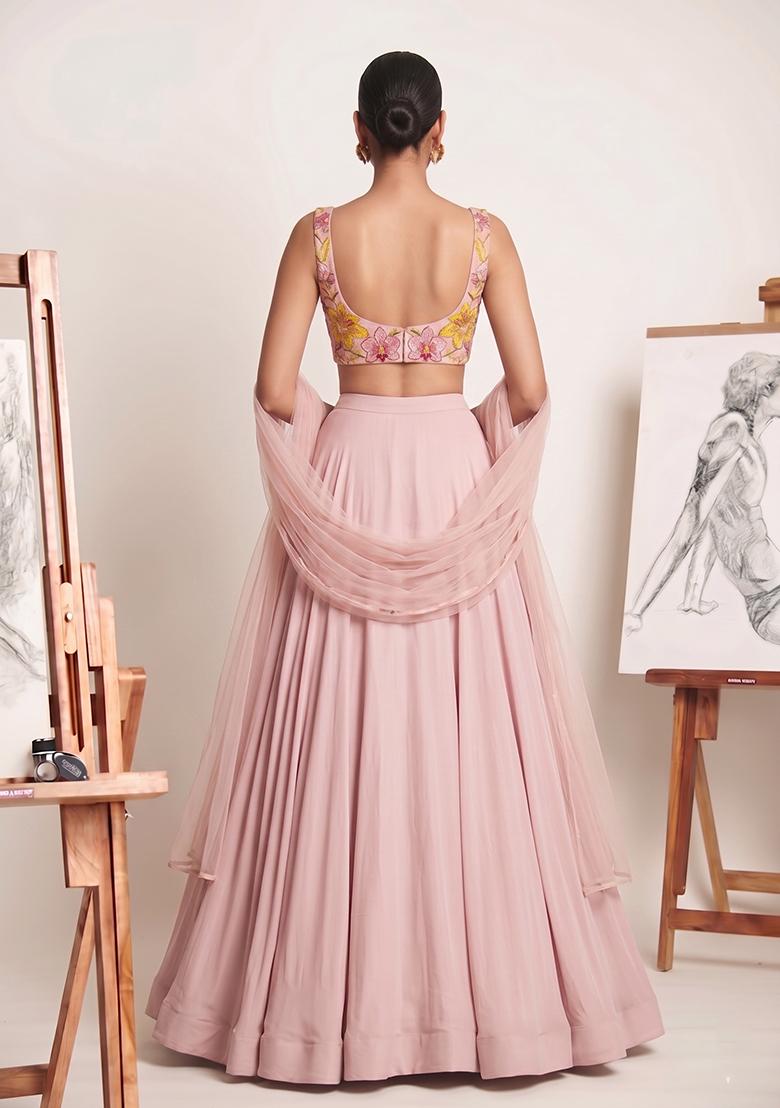 Pastel Pink Printed Chinon Lehenga Set - Indya