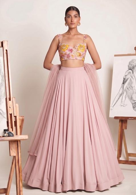 Pastel Pink Printed Chinon Lehenga Set