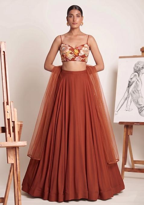 Rust Brown Printed Chinon Lehenga Set