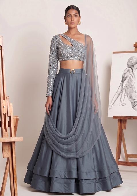 Steel Grey Mirror Work Silk Lehenga Set
