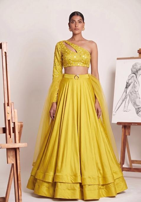 Yellow Mirror Work Silk Lehenga Set