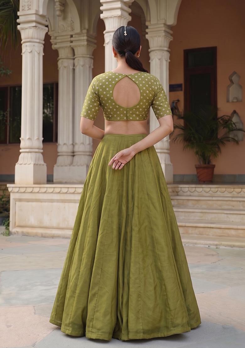 Olive Green Printed Silk Blend Lehenga Set - Indya