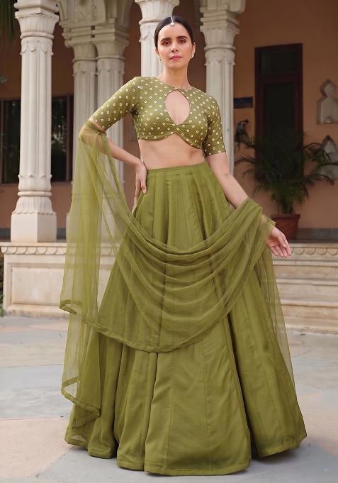 Olive Green Printed Silk Lehenga Set