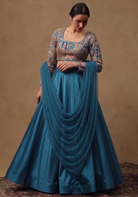 Teal Blue Silk Lehenga Set