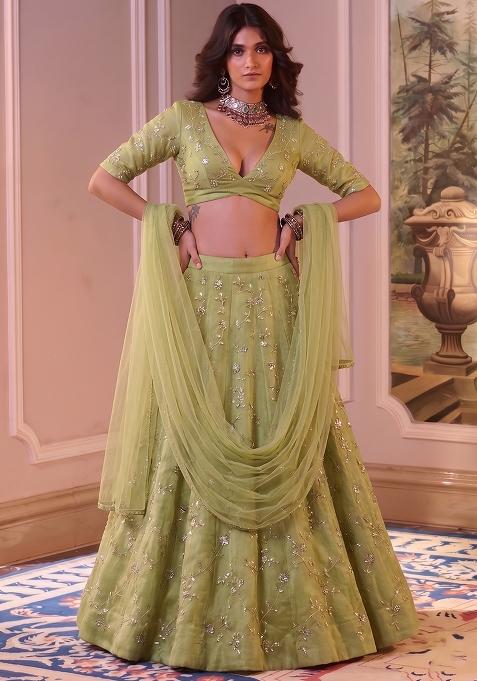 Olive Green Embroidered Organza Lehenga Set