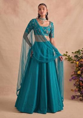 Teal Blue Embroidered Crepe Lehenga Set