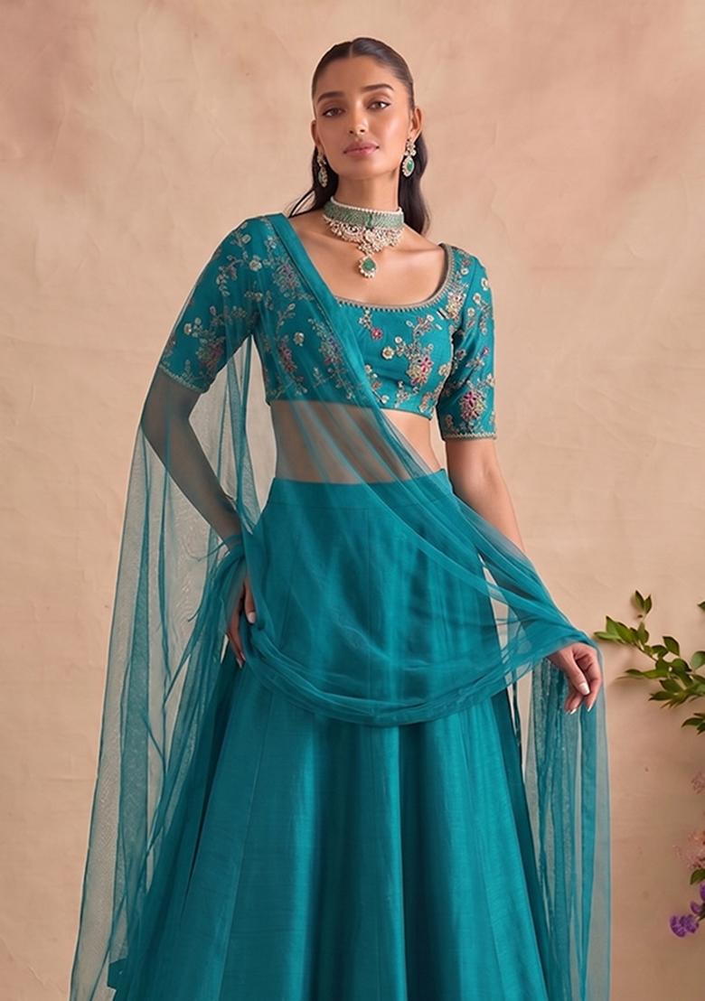 Teal Blue Embroidered Crepe Lehenga Set - Indya