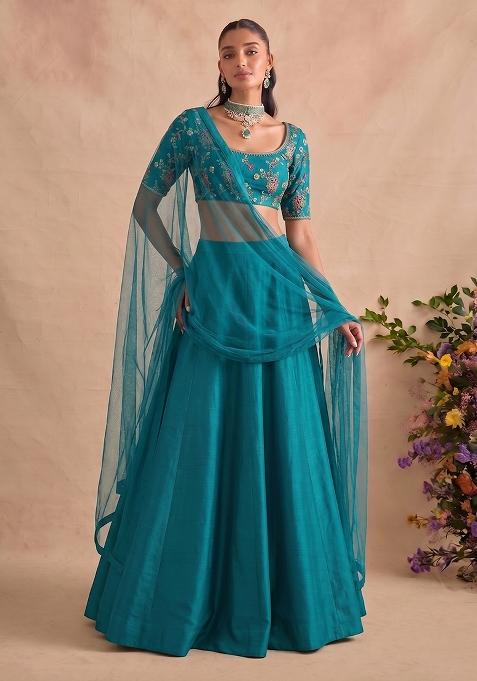 Teal Blue Embroidered Crepe Lehenga Set
