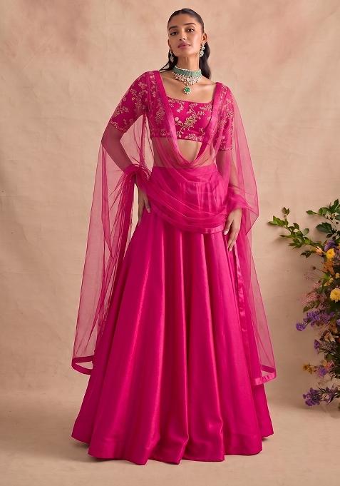 Fuchsia Pink Embroidered Crepe Lehenga Set