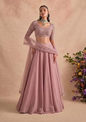Dusty Mauve Embroidered Net Lehenga Set