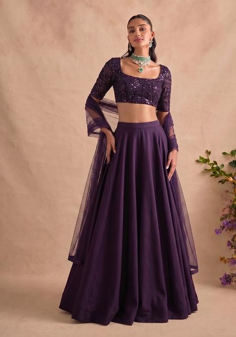 Deep Purple Embroidered Net Lehenga Set