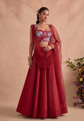 Crimson Red Printed Crepe Lehenga Set