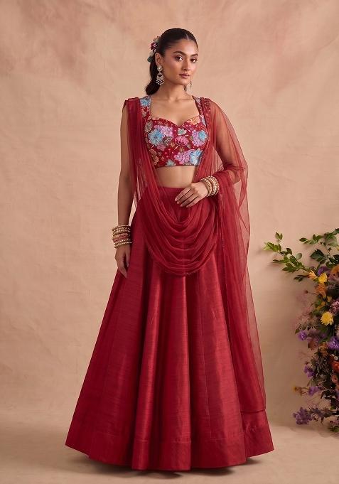 Crimson Red Printed Crepe Lehenga Set