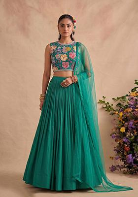 Emerald Green Printed Crepe Lehenga Set