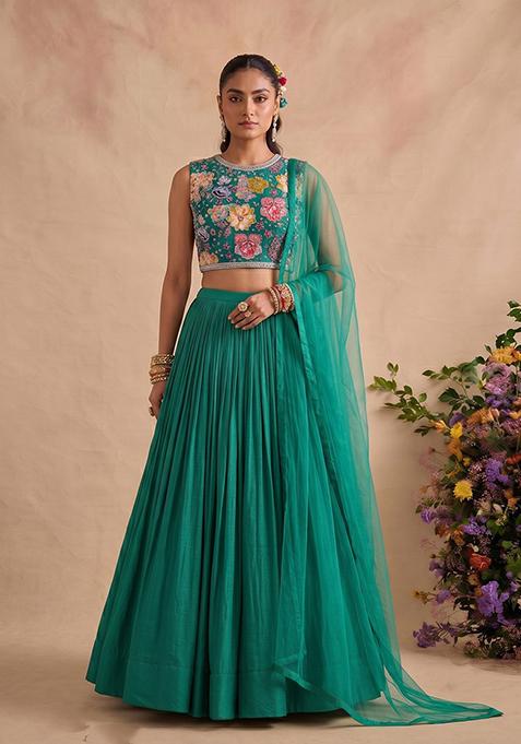 Emerald Green Printed Crepe Lehenga Set