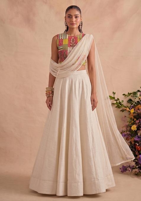Off-White Embroidered Chinon Lehenga Set