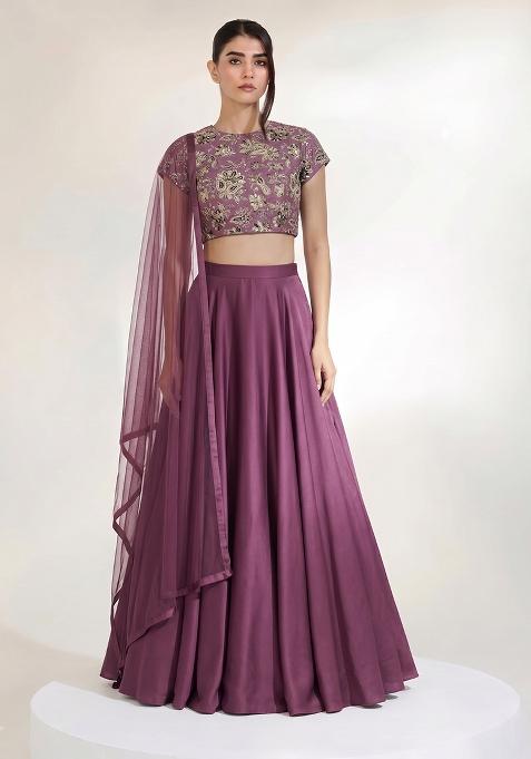 Mauve Embroidered Crepe Lehenga Set
