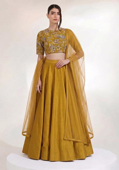 Mustard Yellow Embroidered Crepe Lehenga Set