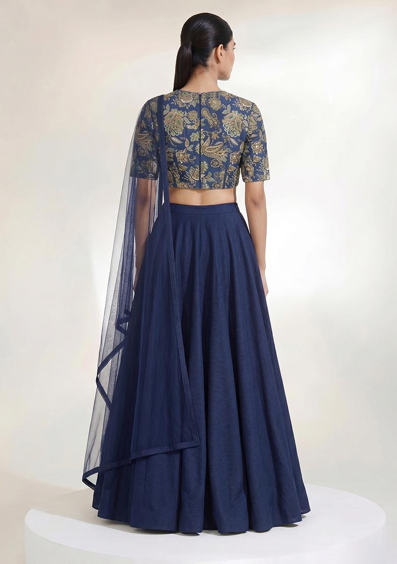 Navy Blue Embroidered Crepe Lehenga Set - Indya