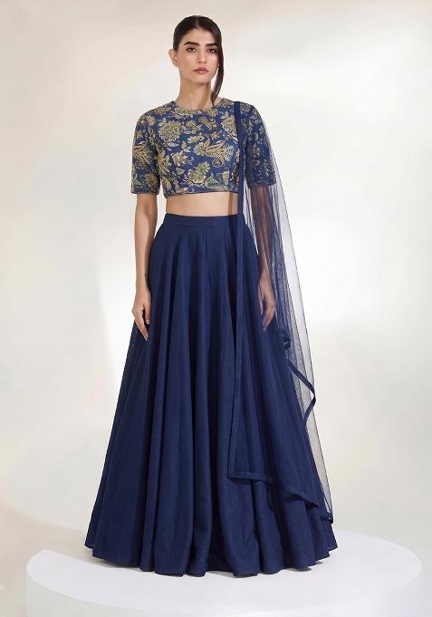Navy Blue Embroidered Crepe Lehenga Set
