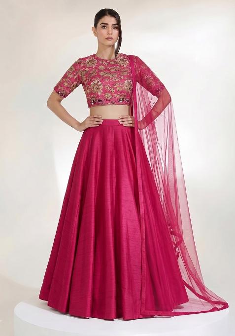 Dark Pink Embroidered Crepe Lehenga Set