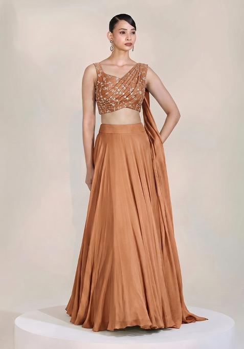 Copper Brown Embroidered Organza Lehenga Set