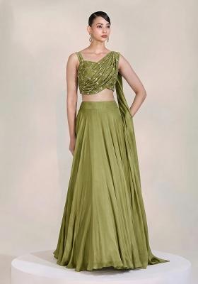 Olive Green Embroidered Organza Fusion Set