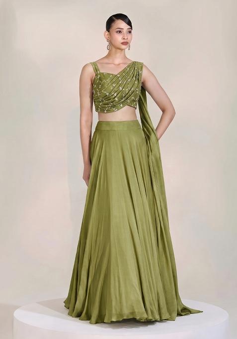 Olive Green Embroidered Organza Fusion Set