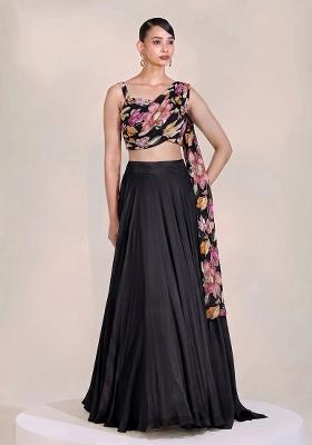 Black Printed Chinon Lehenga Set