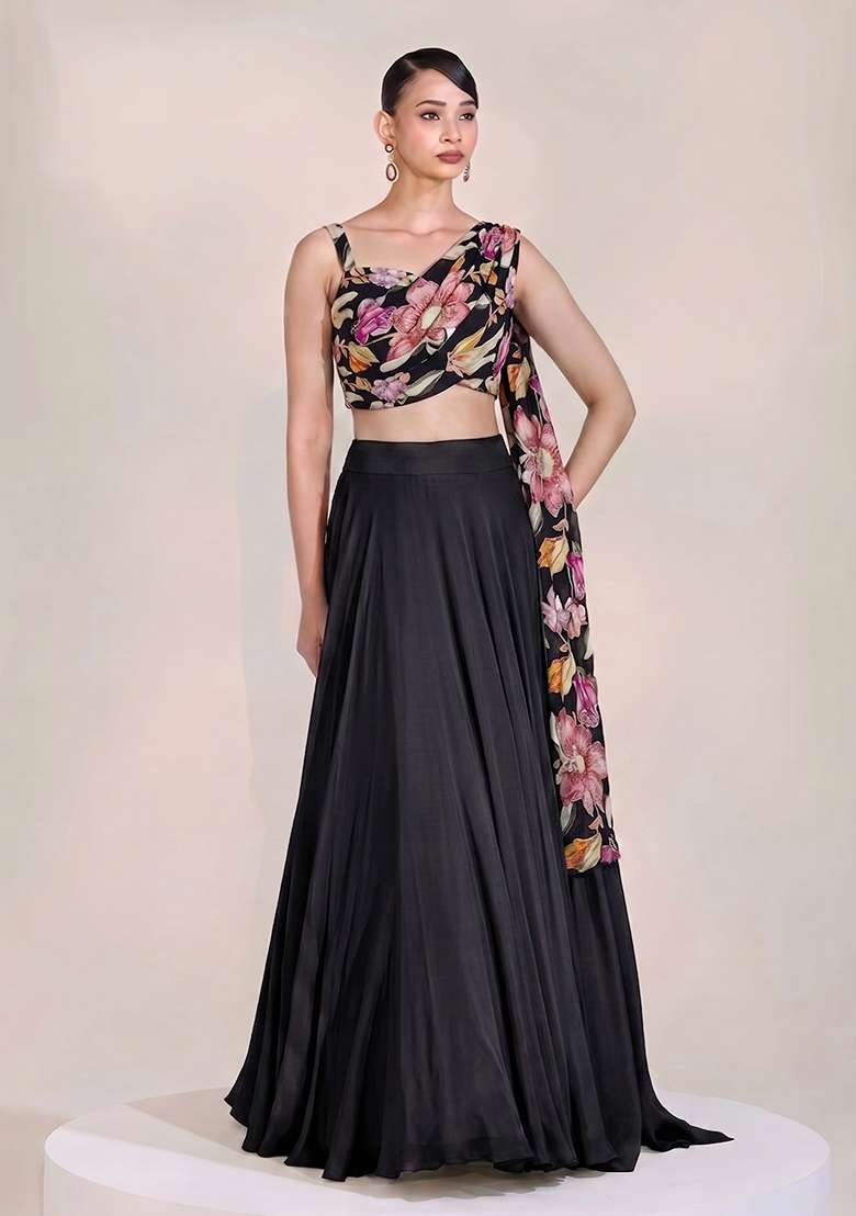 Black Printed Chinon Lehenga Set - Indya
