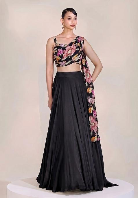 Black Printed Chinon Lehenga Set