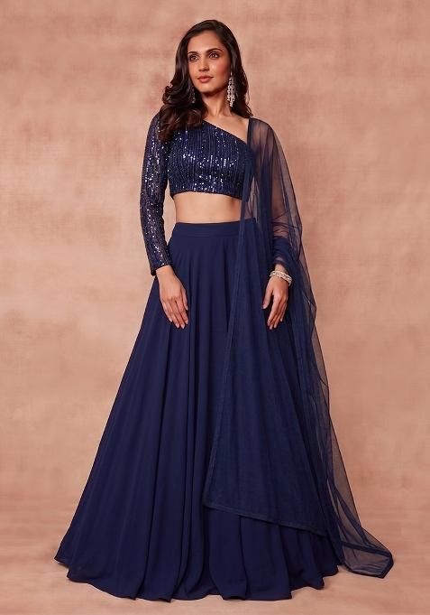 Navy Blue Sequin Net Lehenga Set