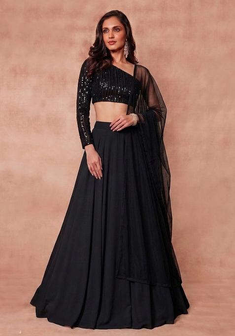 Black Sequin Net Lehenga Set