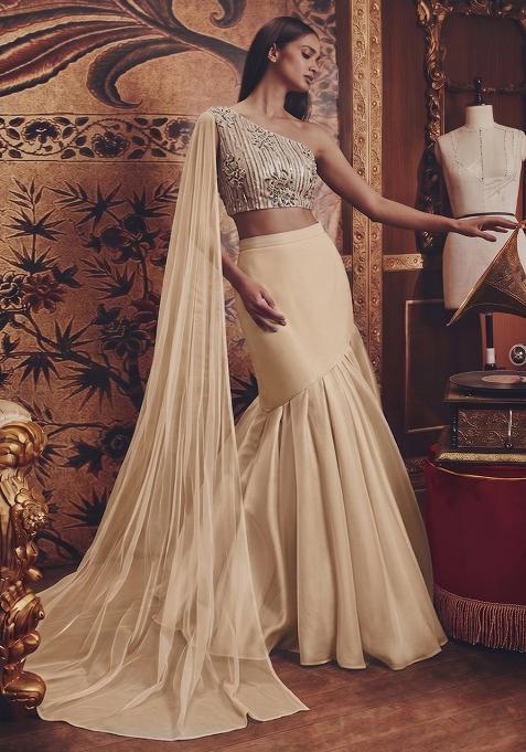 Beige Sequin Net Lehenga Set