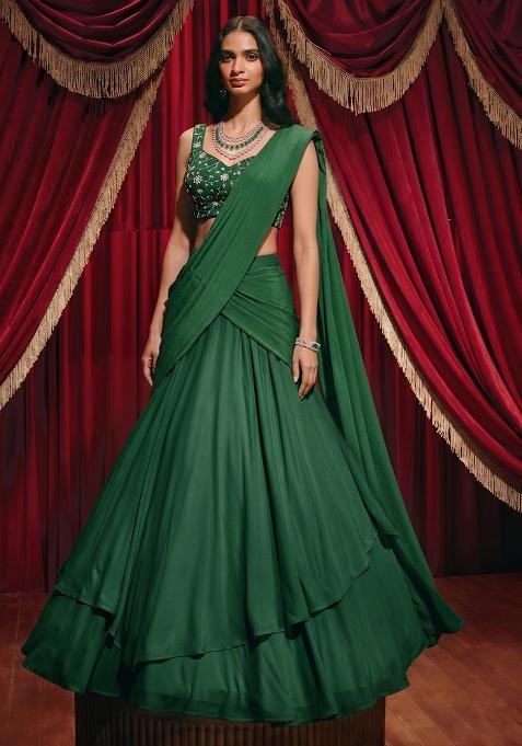 Emerald Green Embroidered Tissue Lehenga Set