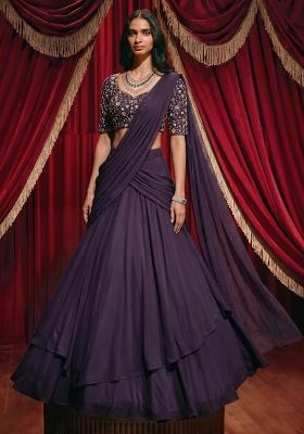 Deep Purple Embroidered Tissue Lehenga Set