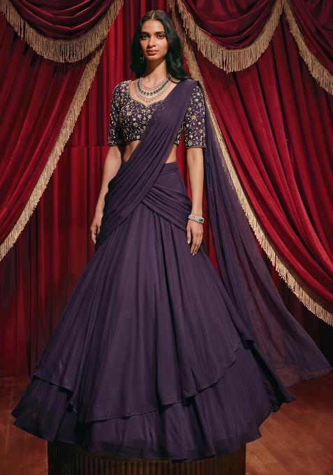 Deep Purple Embroidered Tissue Lehenga Set