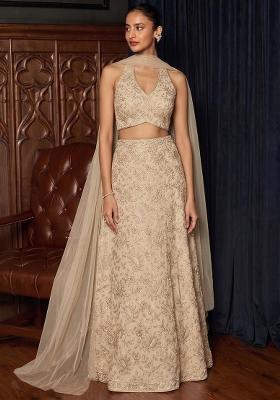 Champagne Beige Embroidered Lehenga Set