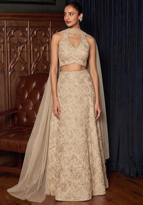 Champagne Beige Embroidered Lehenga Set