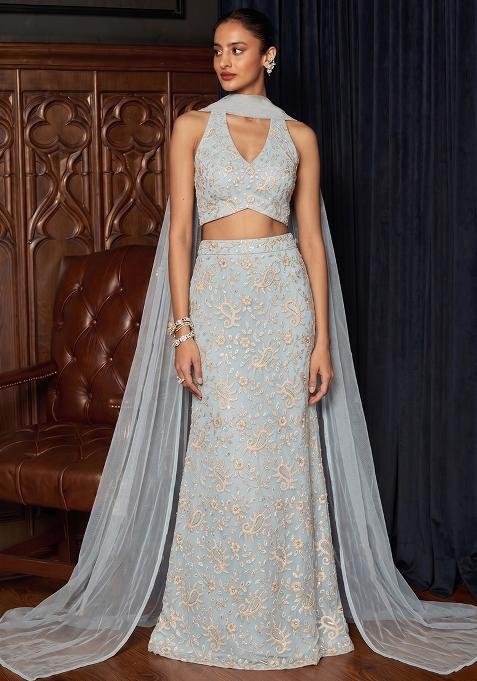 Powder Blue Embroidered Lehenga Set