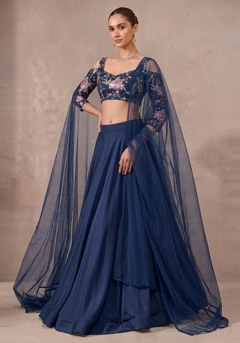 Navy Blue Printed Crepe Lehenga Set