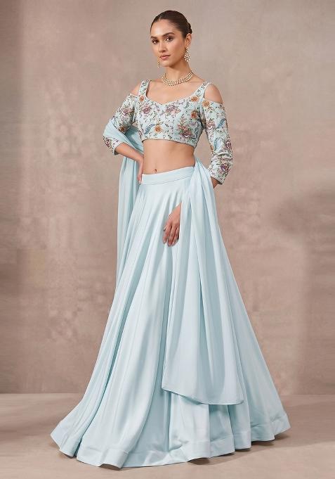Mint Printed Crepe Lehenga Set