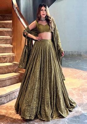 Olive Green Embroidered Georgette Lehenga Set