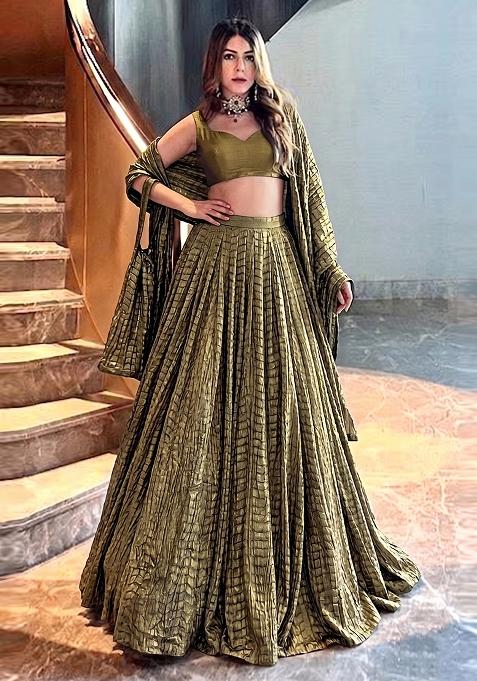 Olive Green Embroidered Georgette Lehenga Set